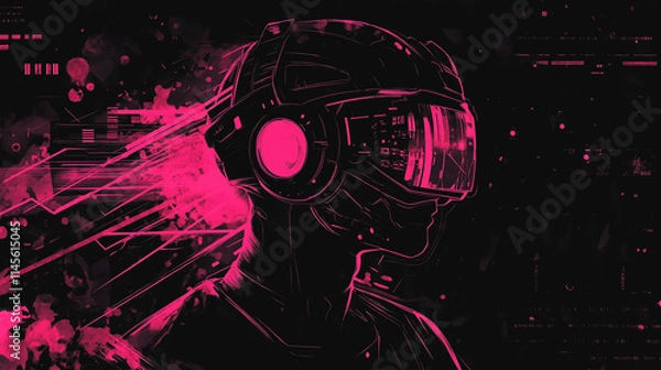 Fototapeta Concept of virtual reality technology, graphic of a teenage gamer wearing VR head-mounted playing game.