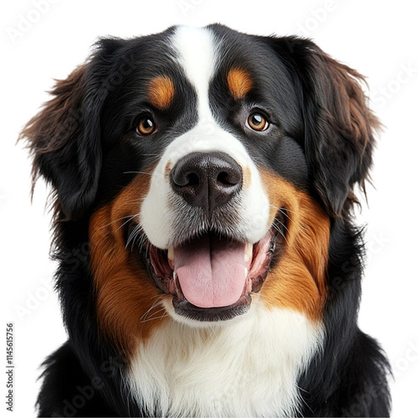 Fototapeta Front view close up of an extremely perfect looking single Bernese mountain dog isolated on a white transparent background
