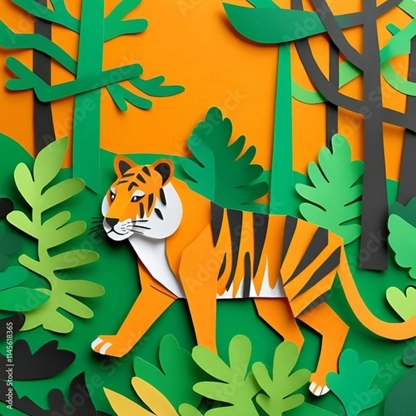 Fototapeta Children's paper cut-out style illustration of a tiger walking in the forest