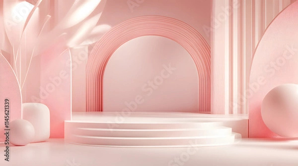 Fototapeta 3d rendering of Pink and white abstract geometric background. Scene for advertising, technology, showcase, banner, game, sport, cosmetic, business, metaverse. Sci-Fi Illustration. Product display