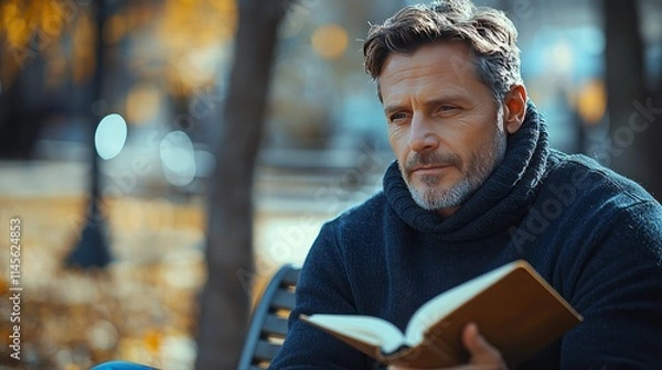 Fototapeta A middle-aged Caucasian man in his early 40s, dressed in a cozy navy sweater and jeans