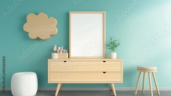 Fototapeta Mock up frame in children room with natural wooden furniture, 3D render