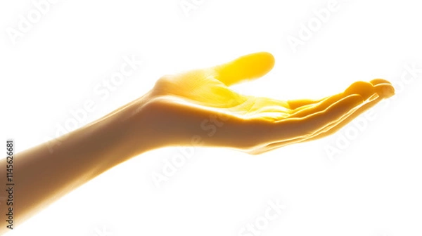 Fototapeta A hand is shown in a white background with a yellow hue. The hand is open and extended, as if it is reaching out to someone or something. Concept of warmth, comfort, and connection