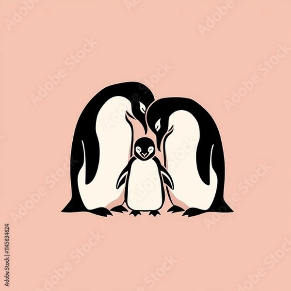 Fototapeta Minimalist outline of a penguin family huddling together, set against a solid pastel background.