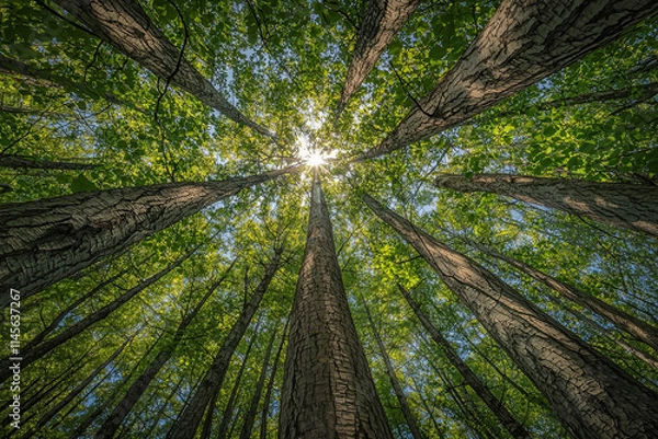 Fototapeta Towering loblolly pines stand together, sun illuminating their distant sides