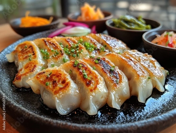Obraz Steamed Dumplings, Golden-brown exterior, Green herbs & sesame seeds, Black plate, Dining table, Soft ambient lighting, Condiments for dipping