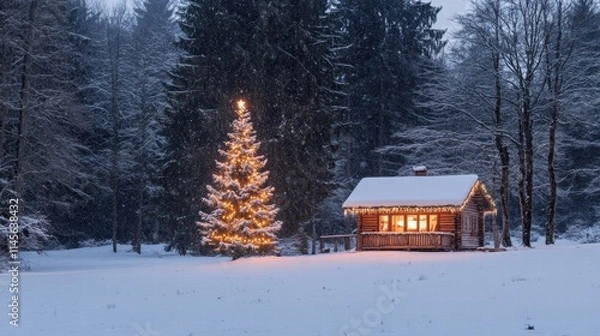 Fototapeta winter landscape with a snow-covered forest and a small wooden cabin glowing with warm light. A decorated Christmas tree stands in front of the cabin.