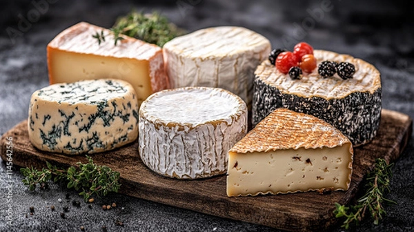 Obraz Large selection of French ripened cheeses displayed on a rustic wooden board offering variety and indulgence a symbol of cultural heritage quality craftsmanship and culinary tradition with space for t