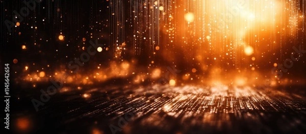Fototapeta Abstract creative coding illustration with multi-layered exposure on a blurred metallic backdrop featuring glowing specks and light trails.