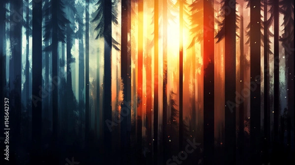 Fototapeta Serene Forest with Glowing Sunset Through Tall Trees