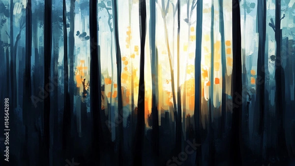 Fototapeta Tranquil Forest Sunrise with Vibrant Colors and Shadows