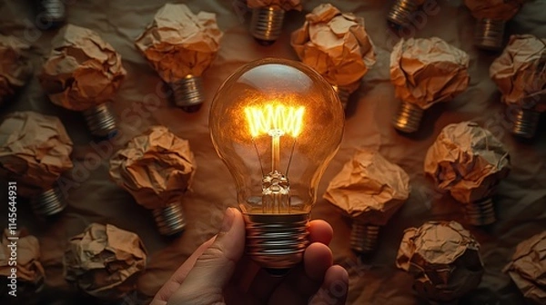 Fototapeta A light bulb and crumpled paper symbolize creative problem-solving.