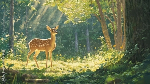 Fototapeta Serene roe deer in sunlit forest surrounded by lush greenery creating an enchanting natural landscape atmosphere