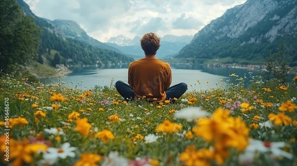 Fototapeta A man meditates in nature, finding peace, rest, and a zen mindset to clear his thoughts, surrounded by flowers and mountains for wellness and mental health reset.