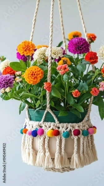 Fototapeta A festive macrame plant holder decorated with small pompoms and colorful beads, holding a pot filled with vibrant flowers. The playful details make it a cheerful addition to any space.