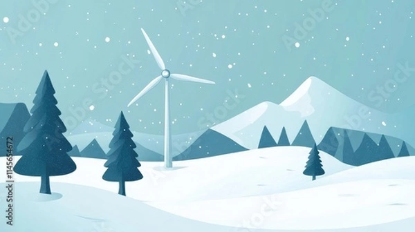 Obraz Winter landscape featuring a wind power generator amidst snow-covered trees and mountains in a serene alpine setting.