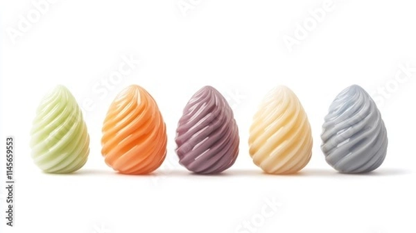 Fototapeta Easter egg-shaped candies arranged in a row featuring pastel colors on a clean white background. Perfect for seasonal marketing themes.
