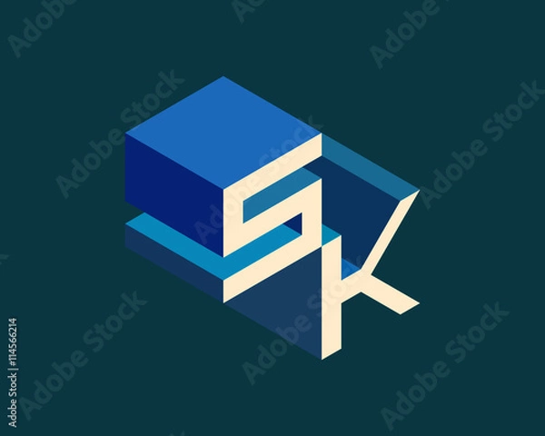 Fototapeta SK isometric 3D letter logo. three-dimensional stock vector alphabet font typography design.