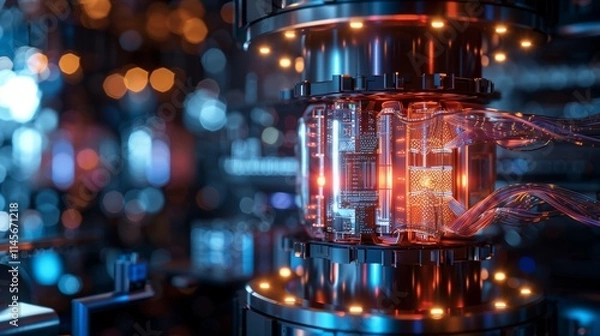 Fototapeta A glowing quantum computer with visible data streams,