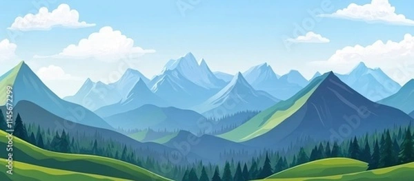 Fototapeta Panoramic view of serene natural mountain landscapes with lush greenery and clear skies in a scenic outdoor setting.