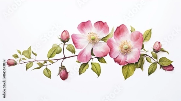 Obraz Wild rose flowers with delicate pink petals and green leaves on a white background showcasing natural beauty and floral elegance