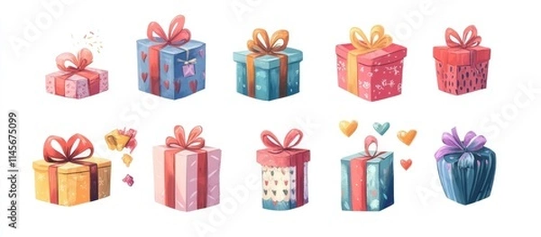 Fototapeta Colorful assortment of elegantly wrapped gift boxes with vibrant ribbons ideal for holiday celebrations and special occasions