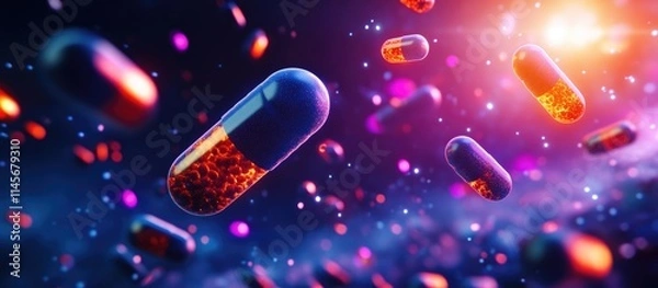 Fototapeta Pills and capsules in motion illustrating Berotralstat for hereditary angioedema prophylaxis highlighting patient care and treatment concepts