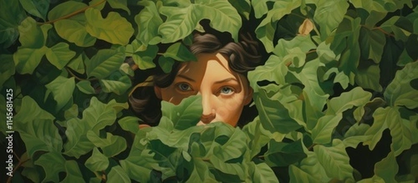 Fototapeta Woman partially hidden in lush green foliage with captivating eyes peering through leaves in a serene and mysterious setting.