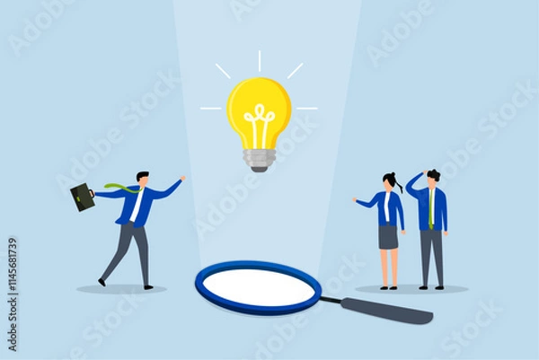 Fototapeta team of business professionals observing a lightbulb suspended from magnifying glass. 