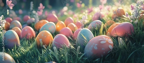 Fototapeta Colorful Easter eggs scattered in lush green grass illuminated by soft sunlight creating a vibrant springtime atmosphere.
