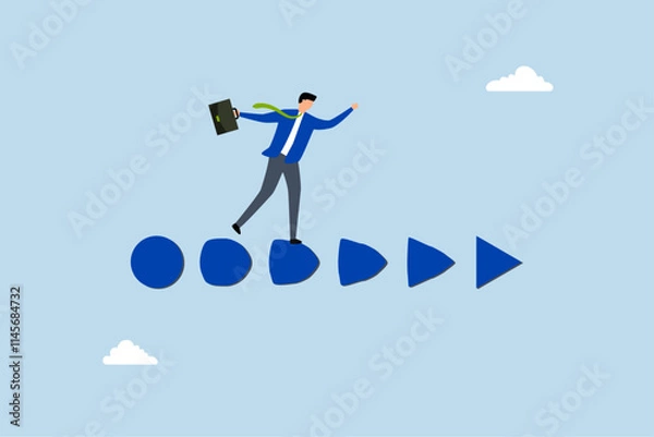 Fototapeta Business transformation change, entrepreneur company leader stride in circle convert to triangle facing arrow ahead.