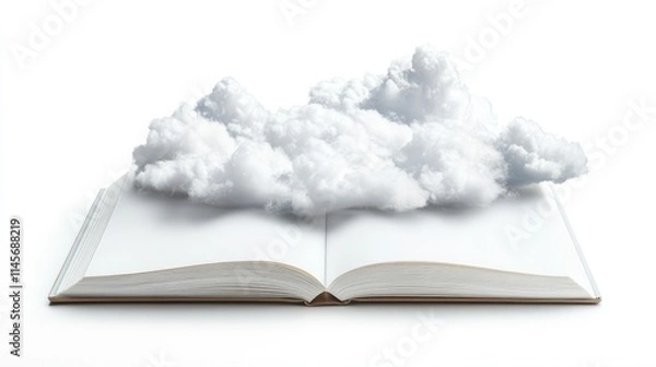 Fototapeta Cloud computing concept with an open notebook and fluffy clouds symbolizing digital information and connectivity on a white background.
