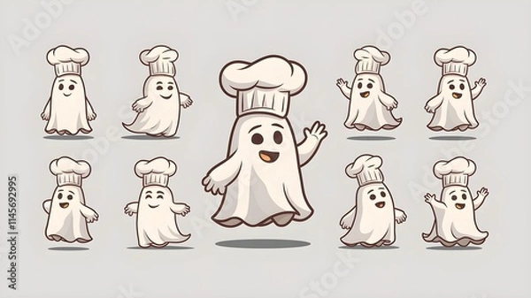 Fototapeta Set of cartoon ghost characters wearing chef hats on a light grey background. Flat vector illustration for Halloween and culinary concepts