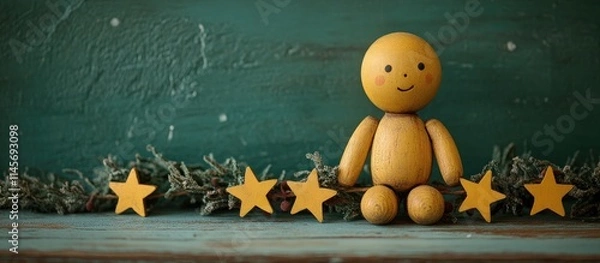 Obraz Wooden doll with garland and yellow stars on a rustic surface against a green background creating a cheerful decorative scene