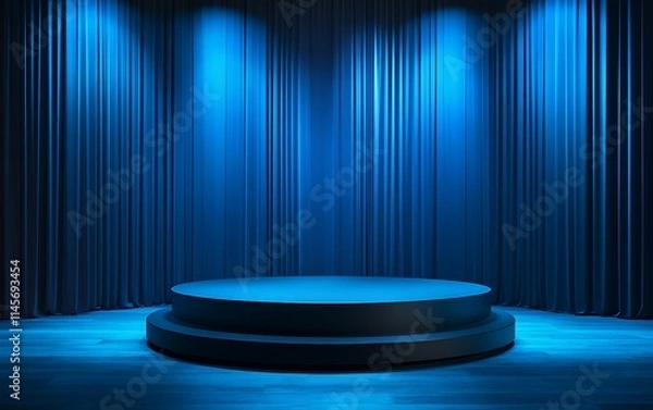 Fototapeta Dark blue stage with circular platform and curtains illuminated by spotlights.