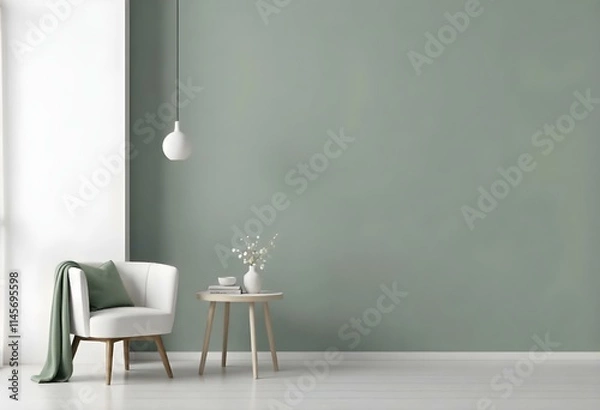 Obraz A minimalist living room with a pale green wall, a white sofa, and a small table with a potted plant.