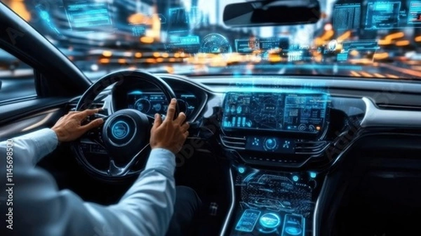 Fototapeta A man is driving a car, from the perspective of the driver's cabin, with the concept of intelligent driving