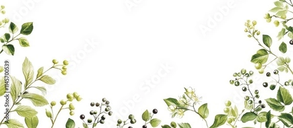 Fototapeta Floral decorative round frame with green leaves and berries on a white background suitable for invitations and nature-themed designs