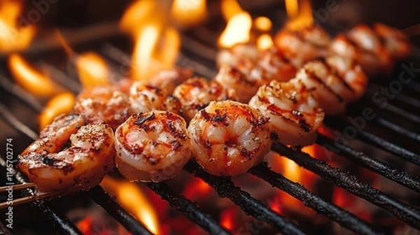 Fototapeta Grilled shrimp skewers over an open flame.