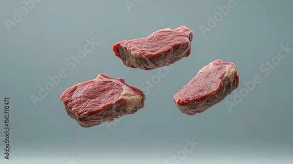 Fototapeta Raw beef steaks in mid-air on a minimalist grey background showcasing freshness and quality for culinary or food-related themes