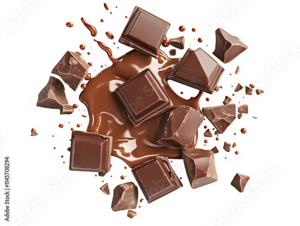 Fototapeta High-Quality PNG Chocolate bar pieces falling on white background. Milk Chocolate explosion crumbs and shavings Isolated on White Background – High Resolution