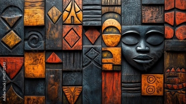 Fototapeta African wood and texture with geometric background, tribal art wallpaper carving, traditional decoration, illustration with 3D graphic and abstract pattern or paint for dynamic shape.