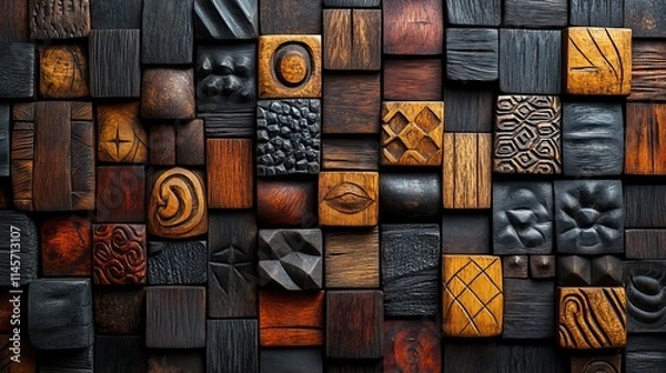 Fototapeta African wood carving with geometric background, tribal art wallpaper texture, traditional decoration, indigenous culture graphic, and abstract pattern or paint for dynamic shape.