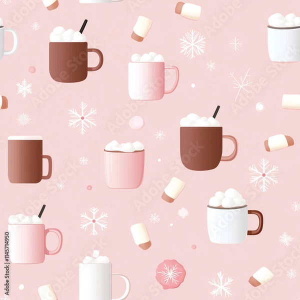 Fototapeta pink hot cocoa mugs with marshmallows and a snowy snowflakes background, p cozy winter designs. Ideal for holiday-themed products, textiles, stationery, gift wrapping, and seasonal decorations