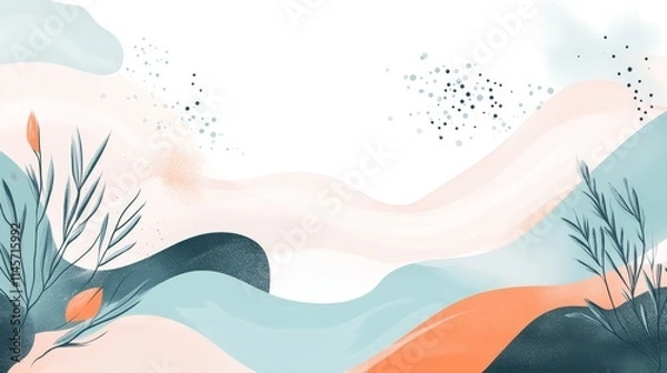 Fototapeta abstract, background illustration featuring soft waves and botanical elements in pastel colors.
