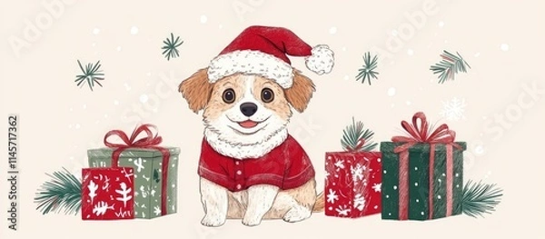 Fototapeta Adorable dog in festive attire surrounded by colorful holiday gifts creating a cheerful Christmas scene with snowflakes and pine branches