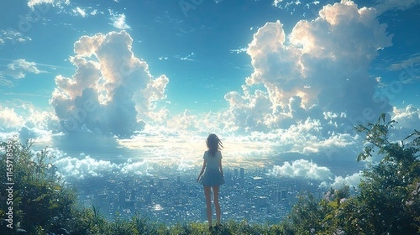 Fototapeta An anime girl on a rooftop with a cityscape thinks against a blue sky with clouds, representing creative digital art and a calm character in a fantasy city.