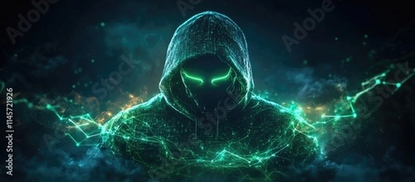 Fototapeta Digital hacker in a hooded cloak with glowing eyes amid a cyber landscape representing vulnerabilities in cybersecurity and data protection systems