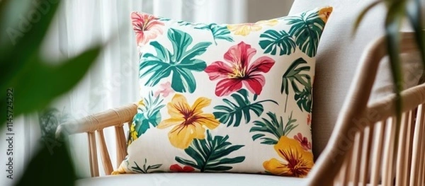 Fototapeta Cheerful floral patterned cushion enhancing home decor with vibrant colors and tropical design on a soft chair in a cozy setting