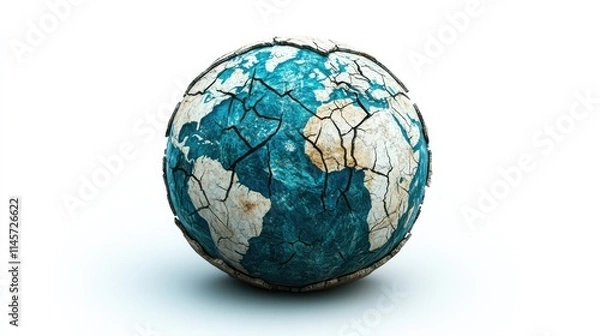 Fototapeta Cracked Earth Globe on White Background Symbolizing Environmental Issues and Climate Change Awareness Concept